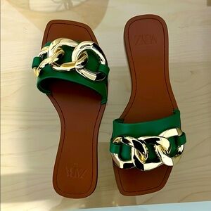 Zara Green Slide Sandals with Gold Chain
